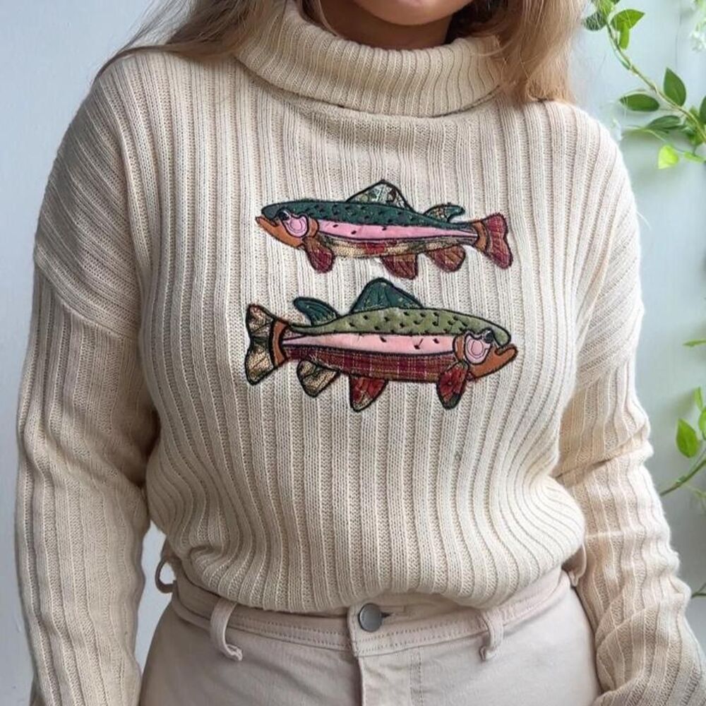 Upcycled cream patchwork two fish embroidered turtleneck sweater